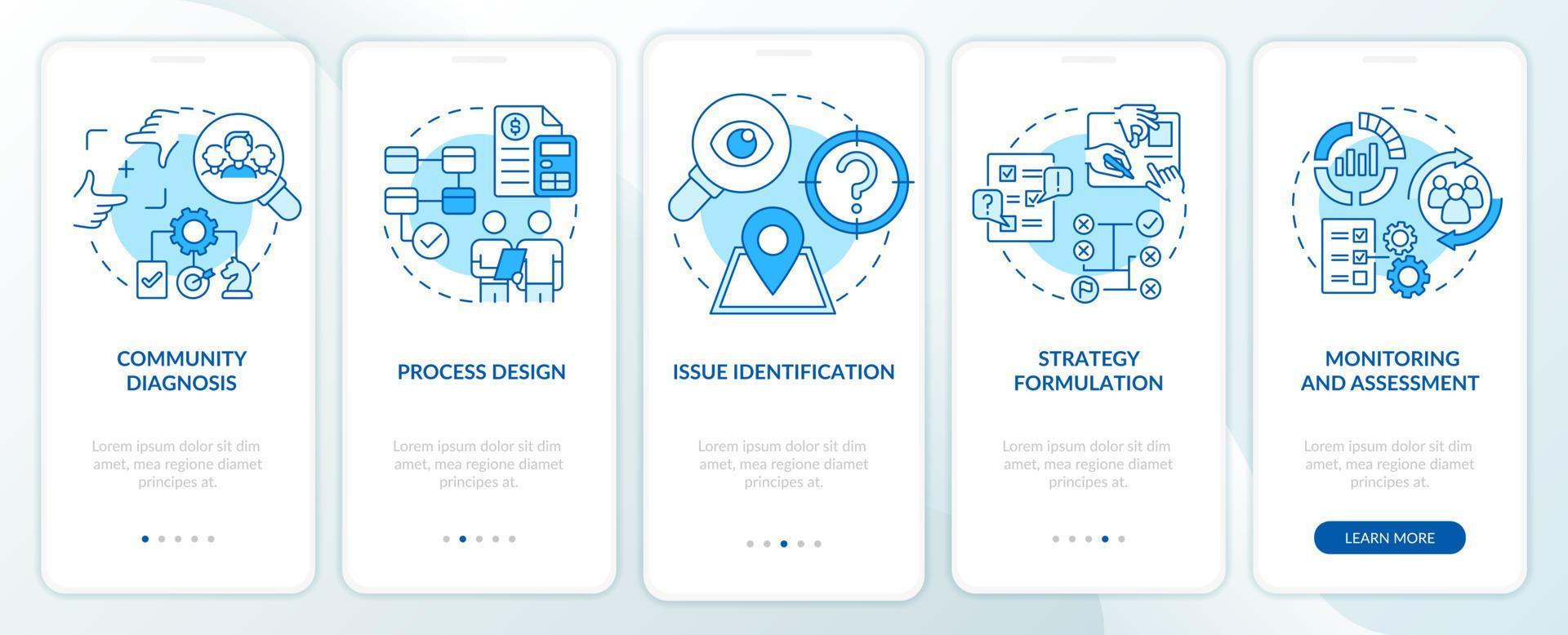etapas de planificación social pantalla de aplicación móvil de incorporación azul. la sociedad cambia el tutorial 5 pasos páginas de instrucciones gráficas con conceptos lineales. interfaz de usuario, ux, plantilla de interfaz gráfica de usuario. vector