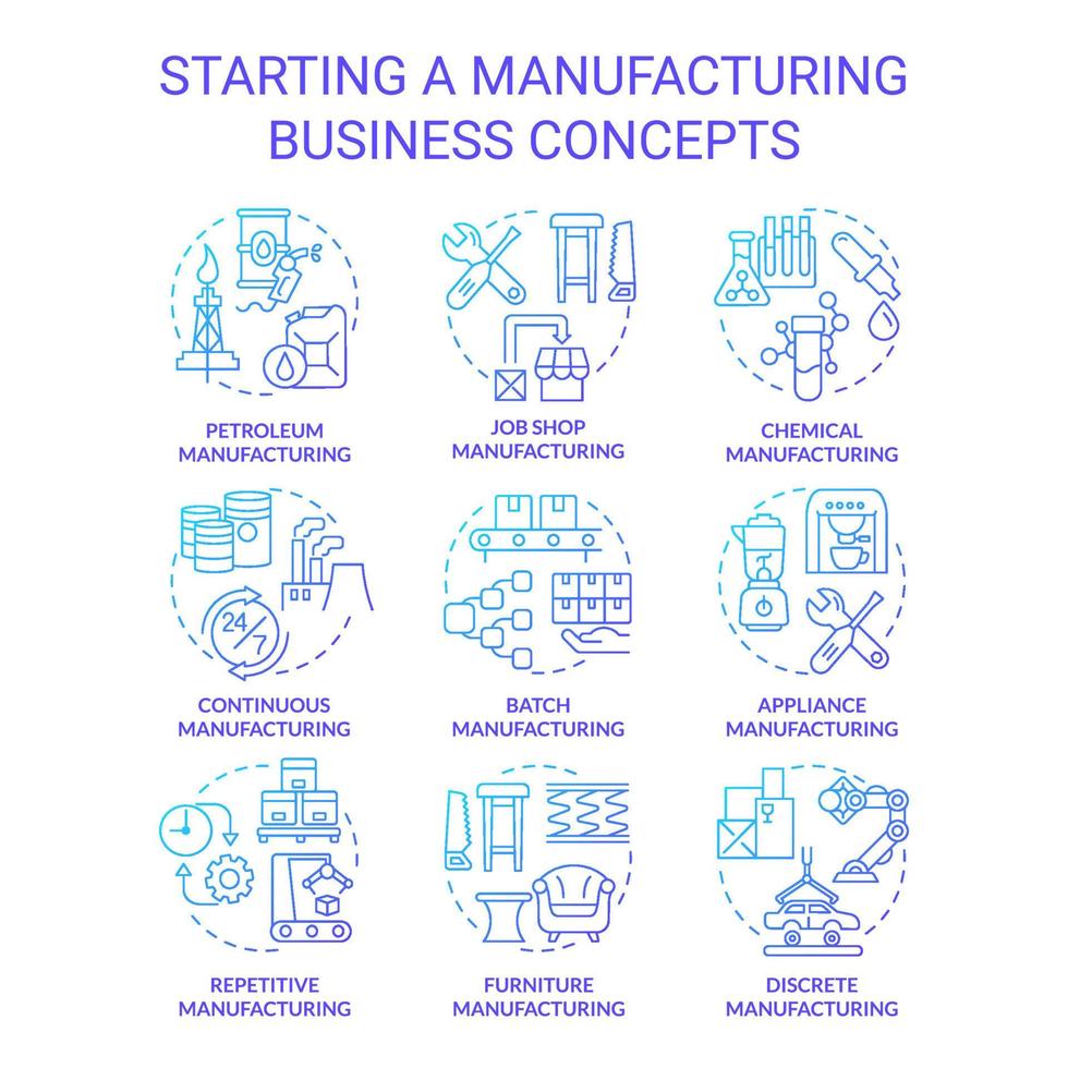 Starting manufacturing business blue gradient concept icons set. Goods production process idea thin line color illustrations. Isolated symbols. Roboto-Medium, vector