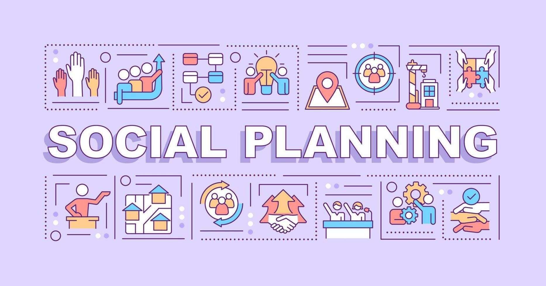 Social planning word concepts purple banner. Community changes. Infographics with icons on color background. Isolated typography. Vector illustration with text.