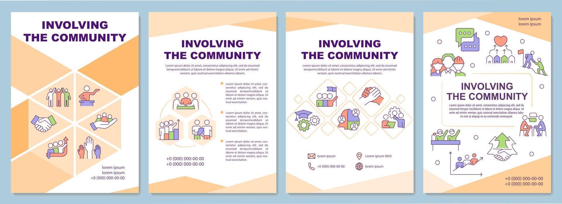 Involving community brochure template. Social planning. Leaflet design with linear icons. 4 vector layouts for presentation, annual reports.