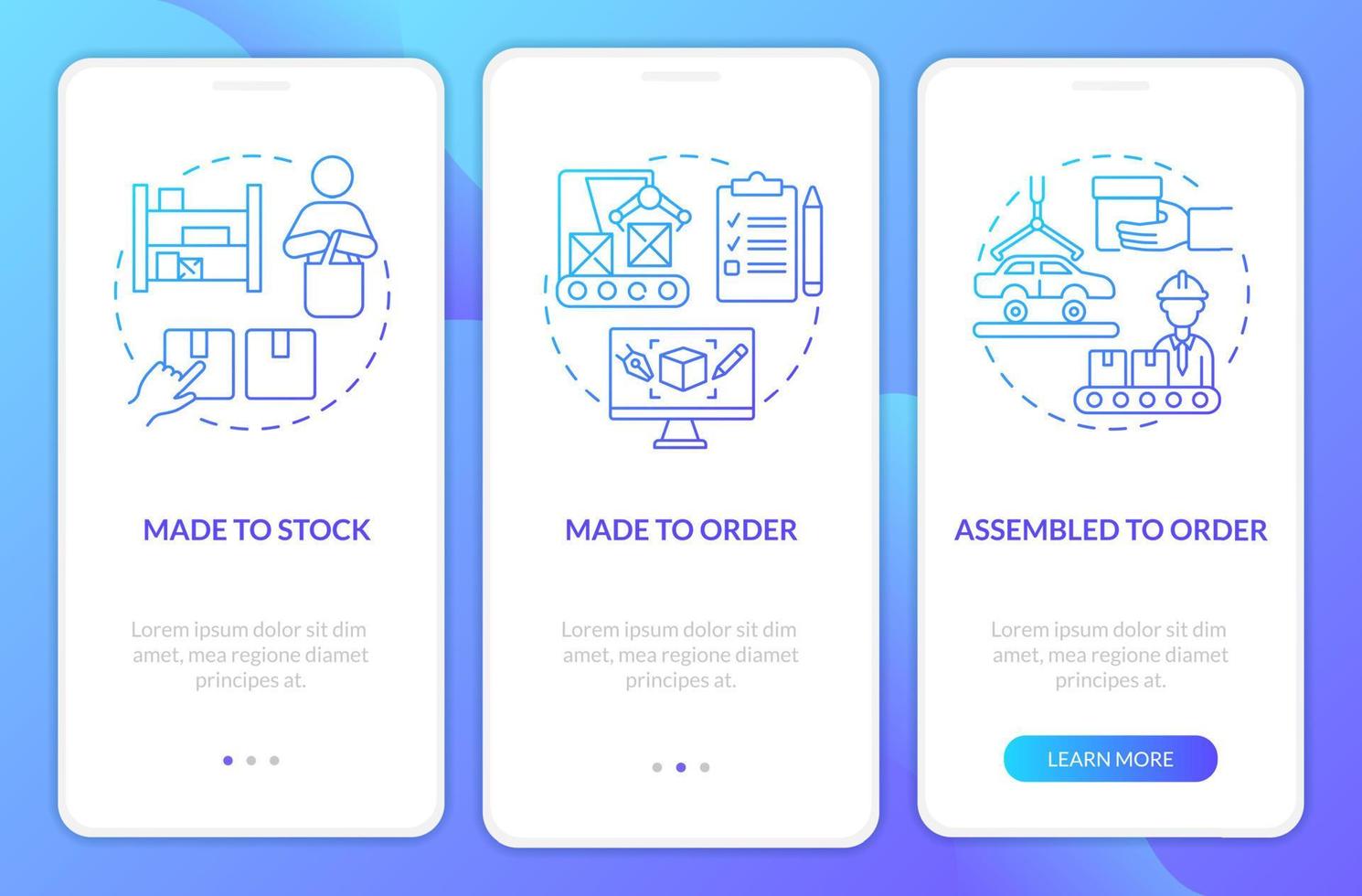 Types of products blue gradient onboarding mobile app screen. Walkthrough 3 steps graphic instructions pages with linear concepts. UI, UX, GUI template. vector