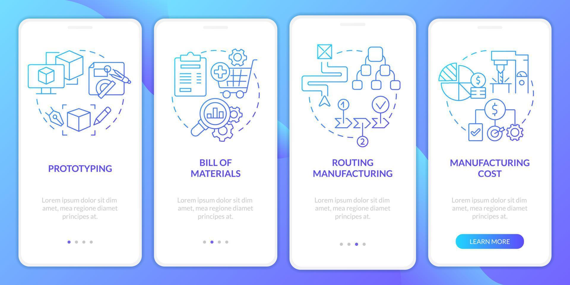 Manufacturing stages blue gradient onboarding mobile app screen. Walkthrough 4 steps graphic instructions pages with linear concepts. UI, UX, GUI template. vector