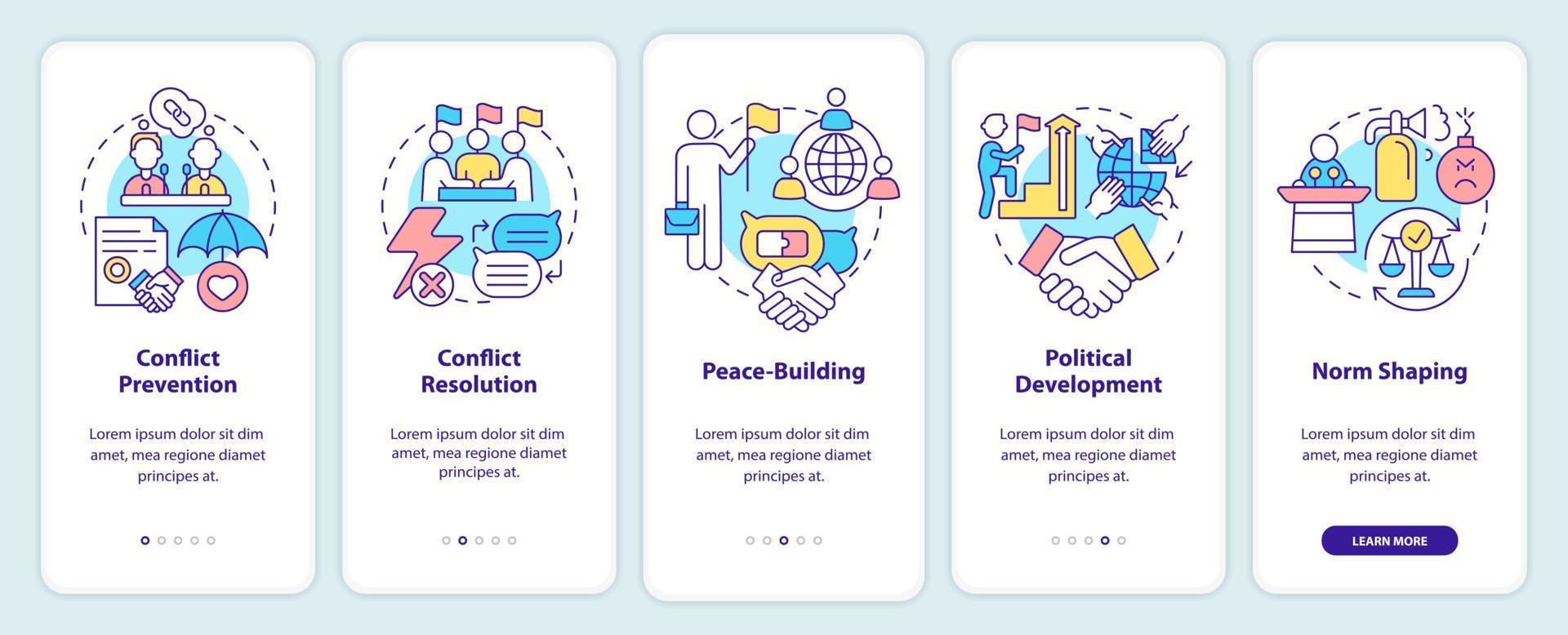 Community security onboarding mobile app screen. National protection walkthrough 5 steps graphic instructions pages with linear concepts. UI, UX, GUI template. vector