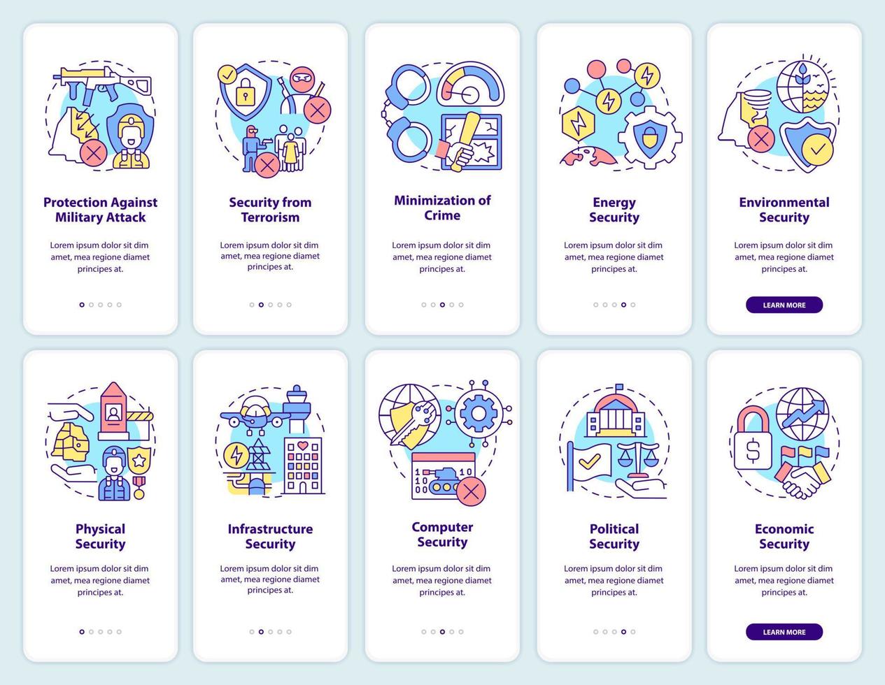 National and international security onboarding mobile app screen set. Walkthrough 5 steps graphic instructions pages with linear concepts. UI, UX, GUI template. vector