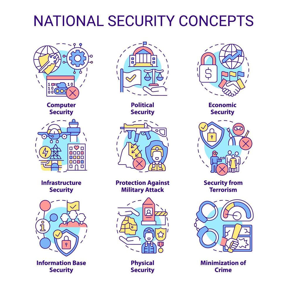 conjunto de iconos de concepto de seguridad nacional e internacional. ideas de seguridad de los países ilustraciones en color de línea delgada. símbolos aislados. trazo editable. vector