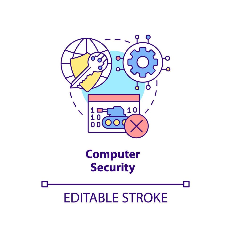 icono del concepto de seguridad informática. prevención de ataques dimensiones de la ilustración de línea delgada de idea abstracta de seguridad nacional. dibujo de contorno aislado. trazo editable. vector