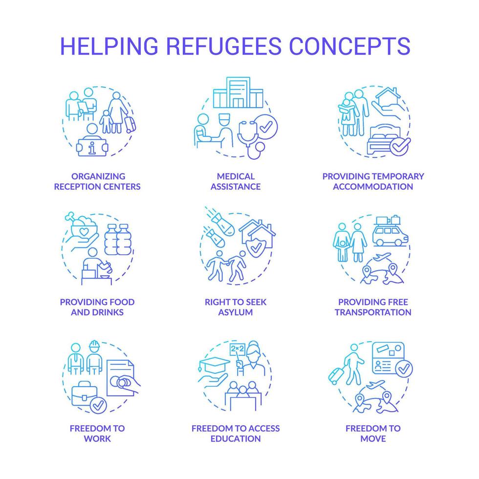 Helping refugees blue gradient concept icons set. International asylum seekers assistance idea thin line color illustrations. Isolated symbols. vector