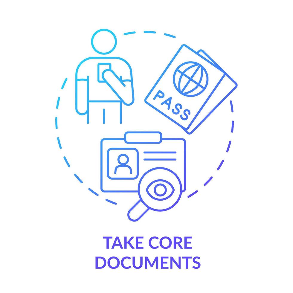 Take core documents blue gradient concept icon. Passport and visa. Refugees belongings and documents abstract idea thin line illustration. Isolated outline drawing. vector