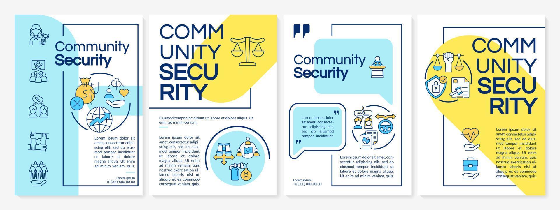 Community security blue and yellow brochure template. Ethnic group. Leaflet design with linear icons. 4 vector layouts for presentation, annual reports.