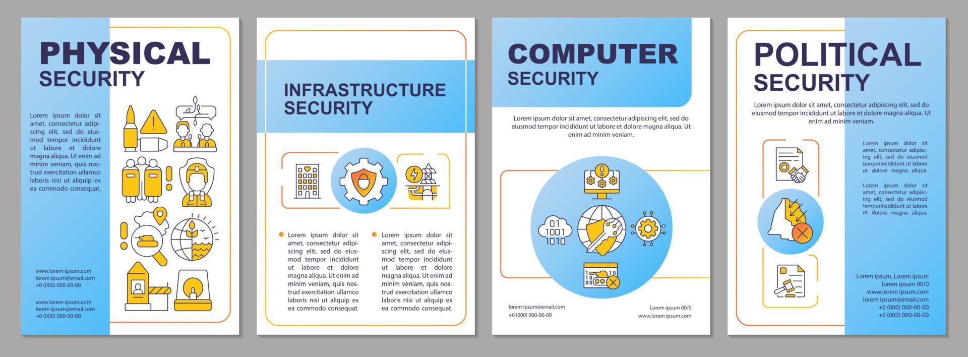 Components of state security blue brochure template. Homeland safety. Leaflet design with linear icons. 4 vector layouts for presentation, annual reports.