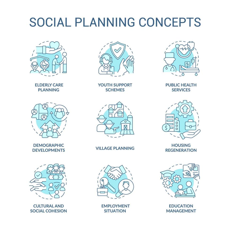 Social planning turquoise concept icons set. Society issues. Community changes idea thin line color illustrations. Isolated symbols. Editable stroke. vector