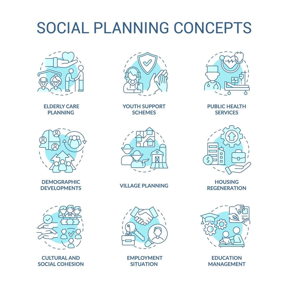 conjunto de iconos de concepto turquesa de planificación social. cuestiones de la sociedad. la comunidad cambia la idea de las ilustraciones en color de línea delgada. símbolos aislados. trazo editable. vector