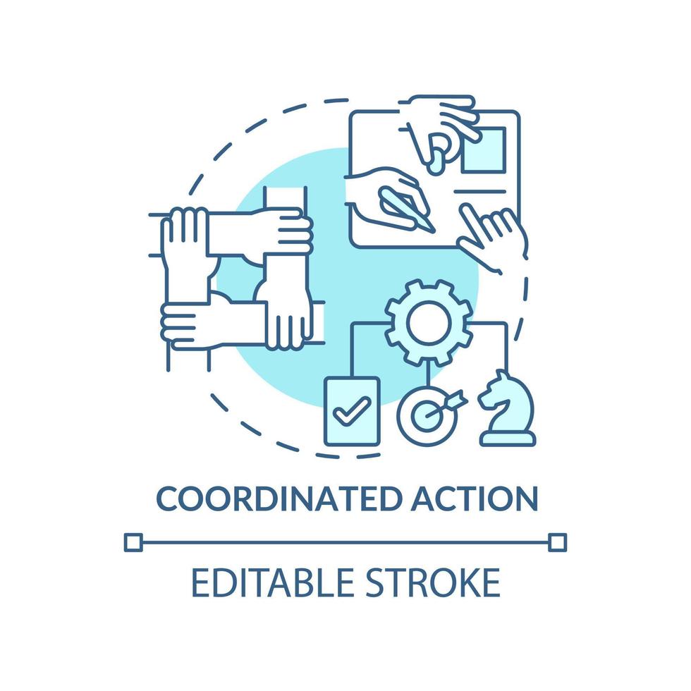 Coordinated action turquoise concept icon. Team strategy. Synergy. ILAP principle abstract idea thin line illustration. Isolated outline drawing. Editable stroke. vector