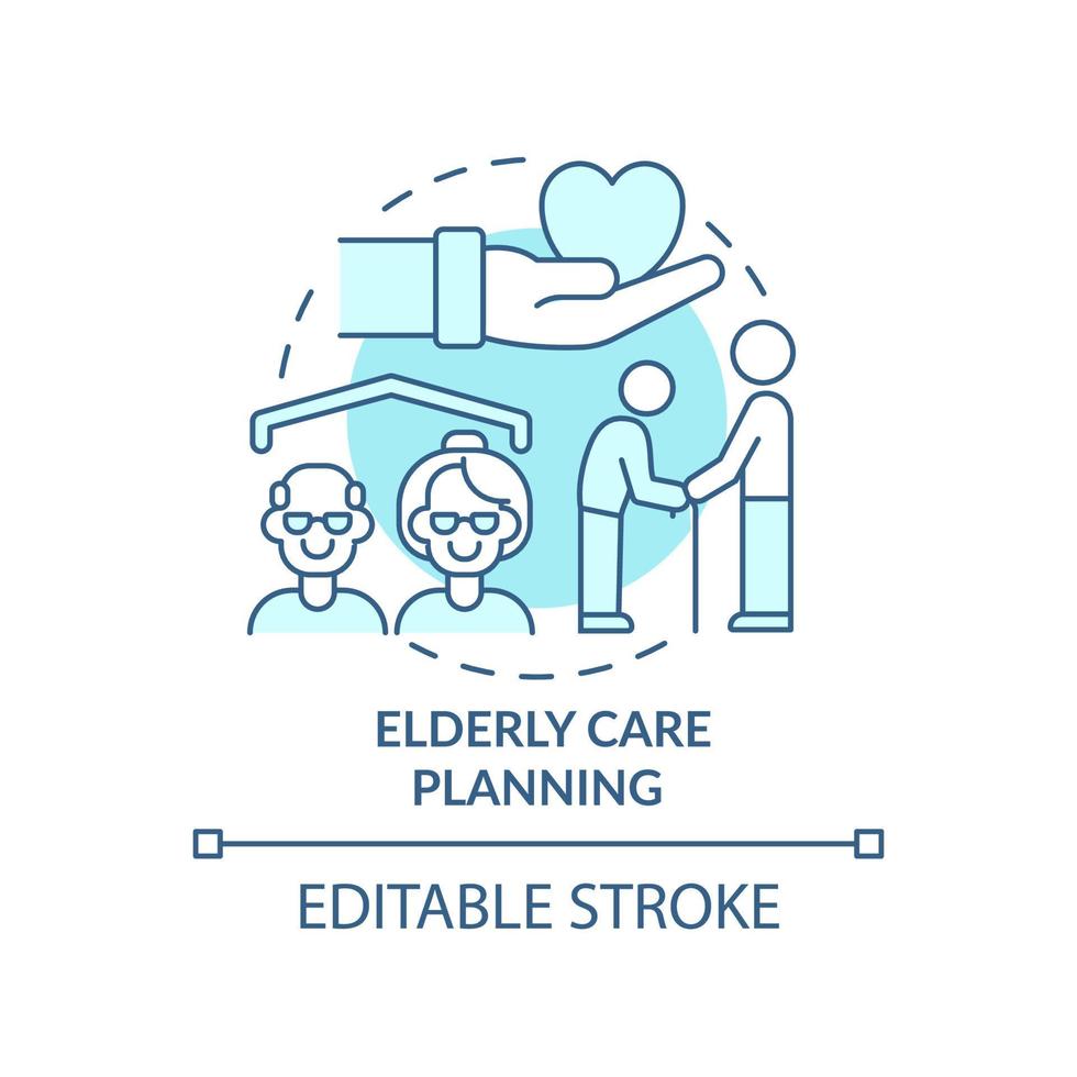 Icono de concepto turquesa de planificación de cuidado de ancianos. enfermería y apoyo. ilustración de línea delgada de idea abstracta de planificación social. dibujo de contorno aislado. trazo editable. vector