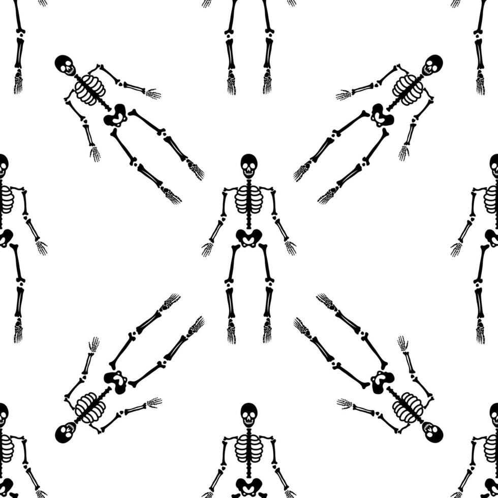 Black skeletons in various poses pattern. Halloween design. Perfect for fall, holidays, fabric, textile. Seamless repeat swatch. vector