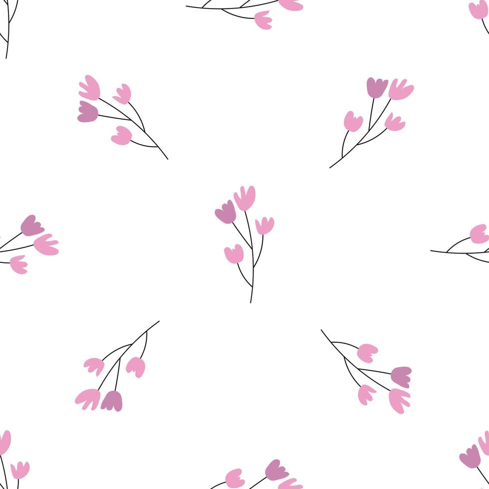 Floral seamless vector pattern with flowers. Spring flora. Simple hand-drawn kids style. Pretty ditsy for fabric, textile, wallpaper. Digital paper in white background