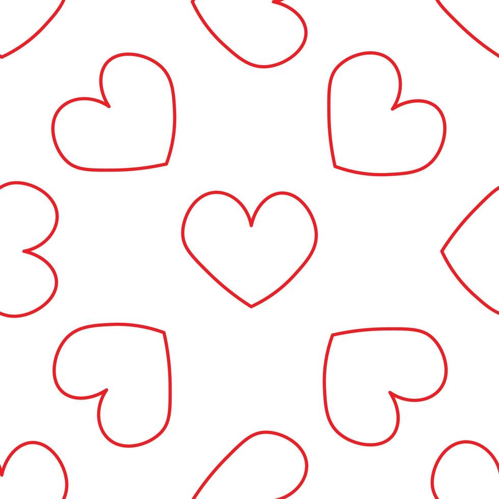 corazones rojos en estilo de línea. patrón romántico sin fisuras. corazones de fideos coloridos sobre fondo de vector blanco. plantilla lista para diseño, postales, impresión, afiche, fiesta, día de san valentín, textil vintage.