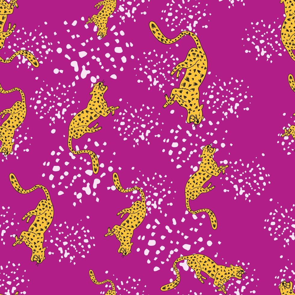 Decorative seamless pattern with doodle cute leopard. Hand drawn cheetah endless wallpaper. vector