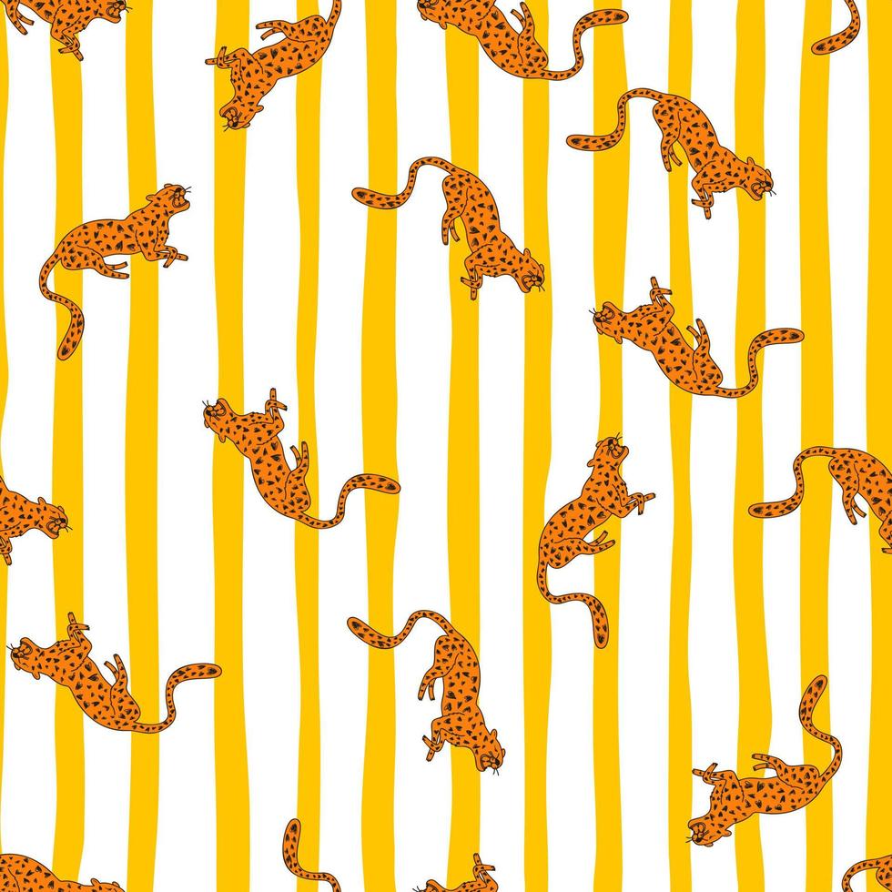 Decorative seamless pattern with doodle cute leopard. Hand drawn cheetah endless wallpaper. vector
