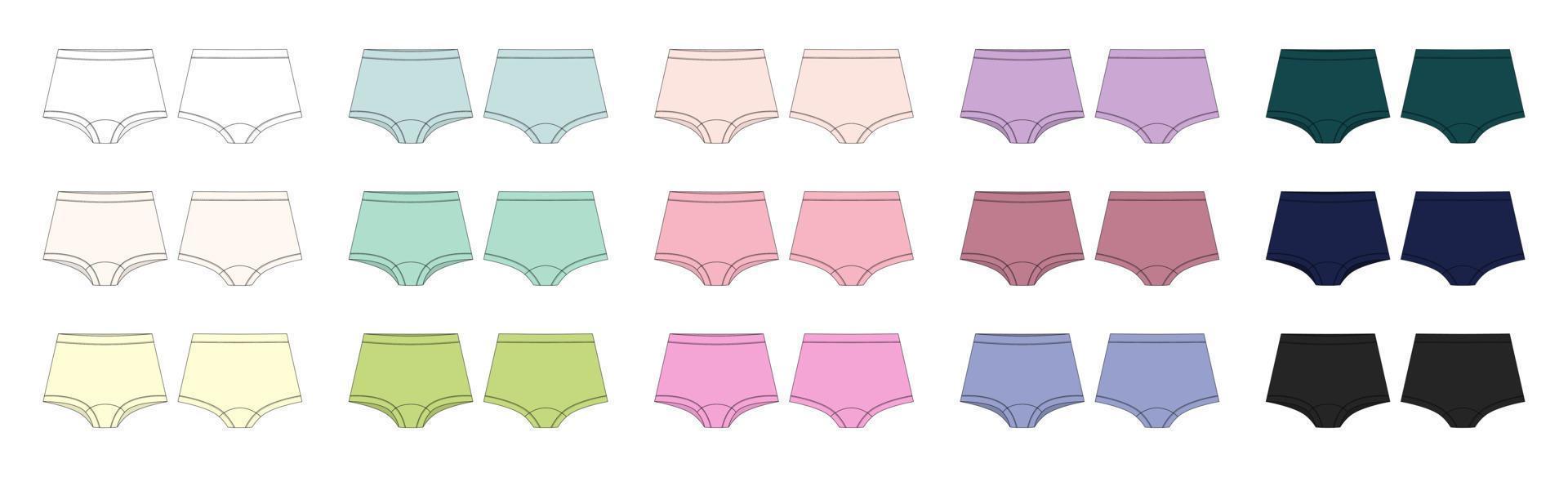 Set of girls knickers technical sketch illustration. Children's underpants collection. vector