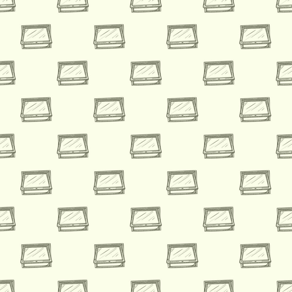 Opened window lean forward seamless pattern. Retro element inside wall in hand drawn style. vector