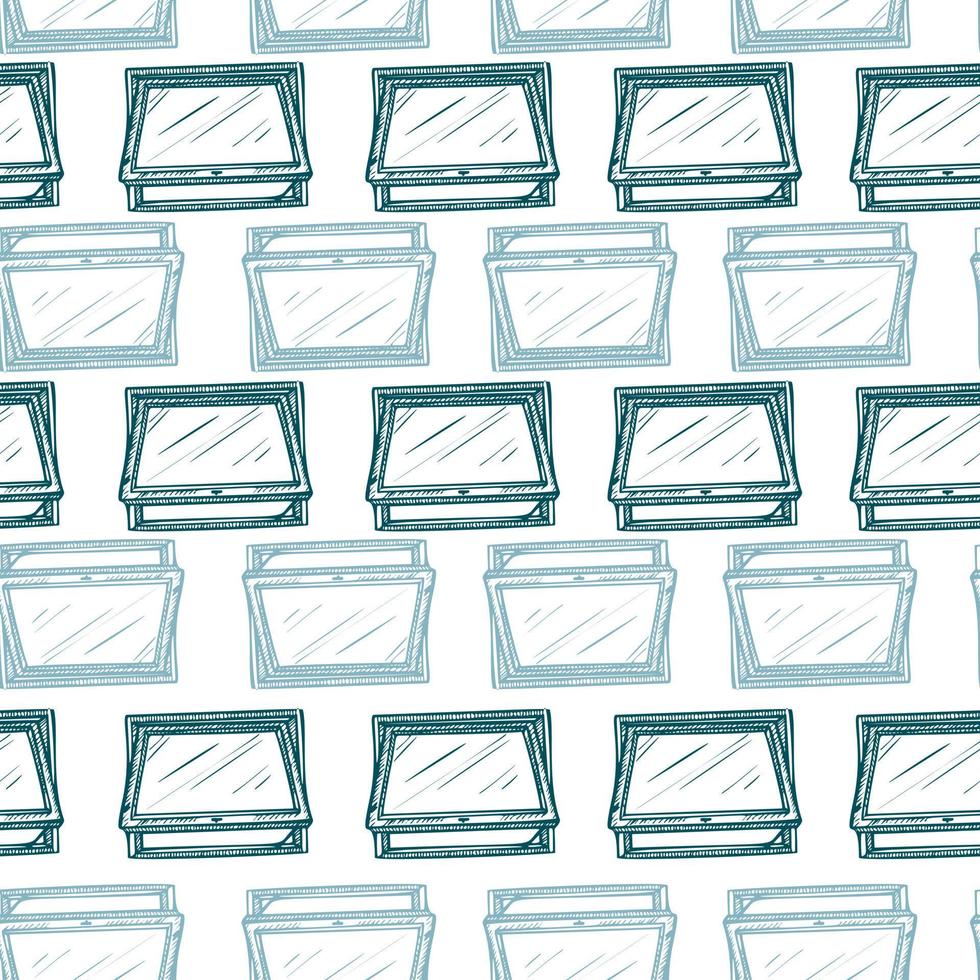 Opened window lean forward seamless pattern. Retro element inside wall in hand drawn style. vector