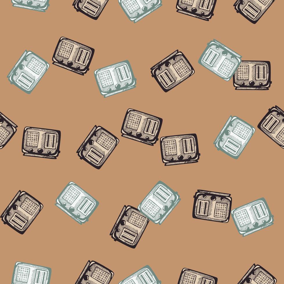 Retro radio engraved seamless pattern. Vintage media equipment in hand drawn style. vector