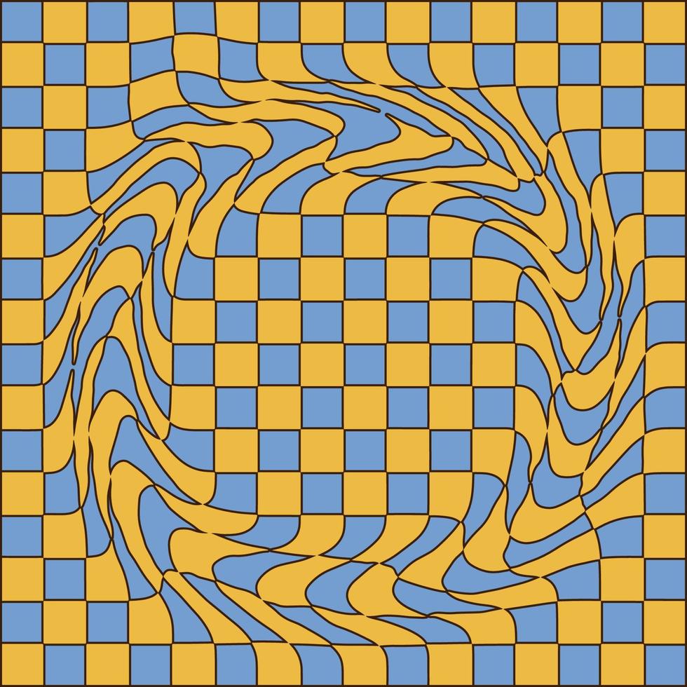 Geometric burst seamless pattern. Blue and yellow background with optical illusion effect. Abstract checkered ornament texture. Retro 70s style pattern. Vector Endless repeat design for decor, print,