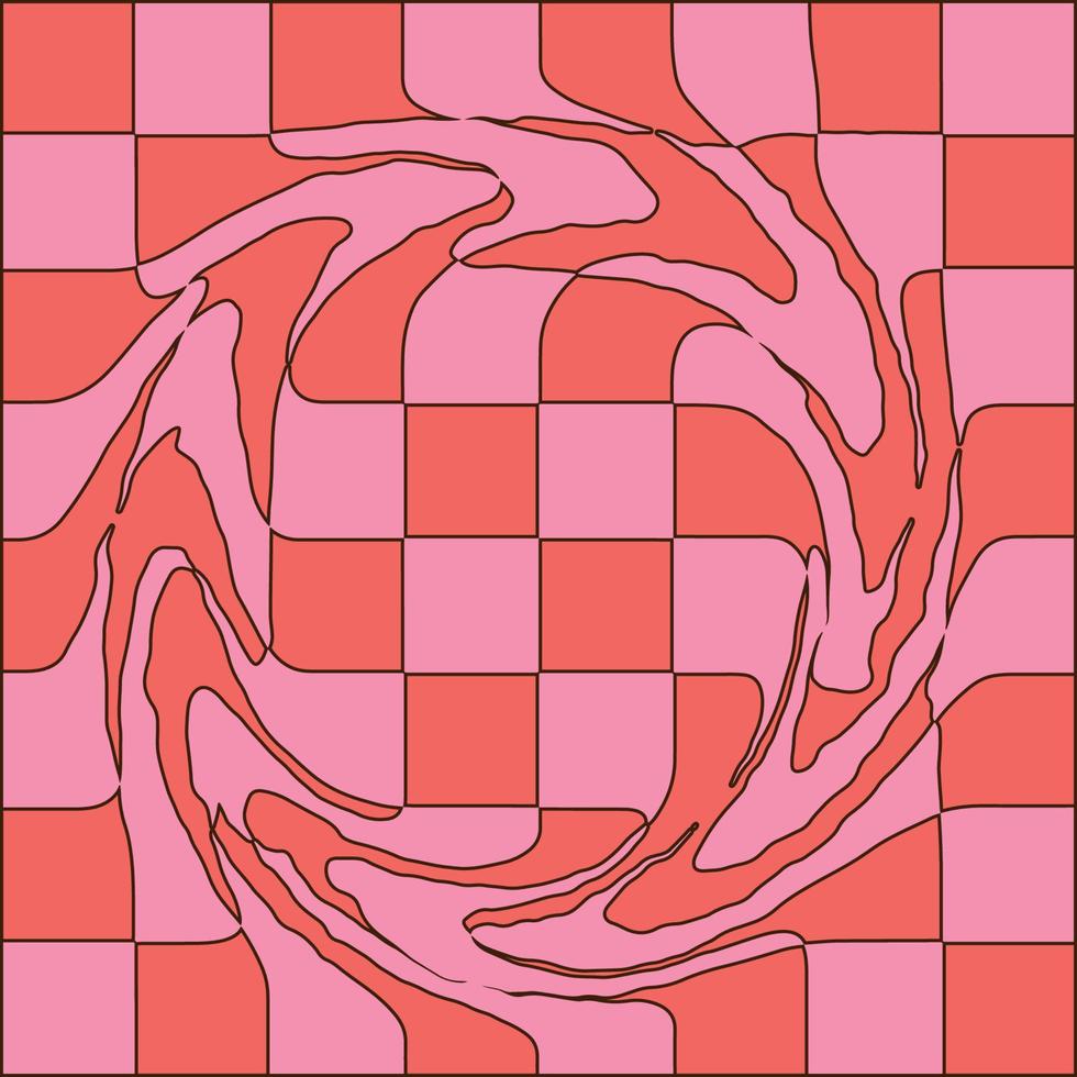 Trippy hippie background with Checkered waves. Abstract optical illusion. Pattern with round wavy distortion effect. Vector linear illustration