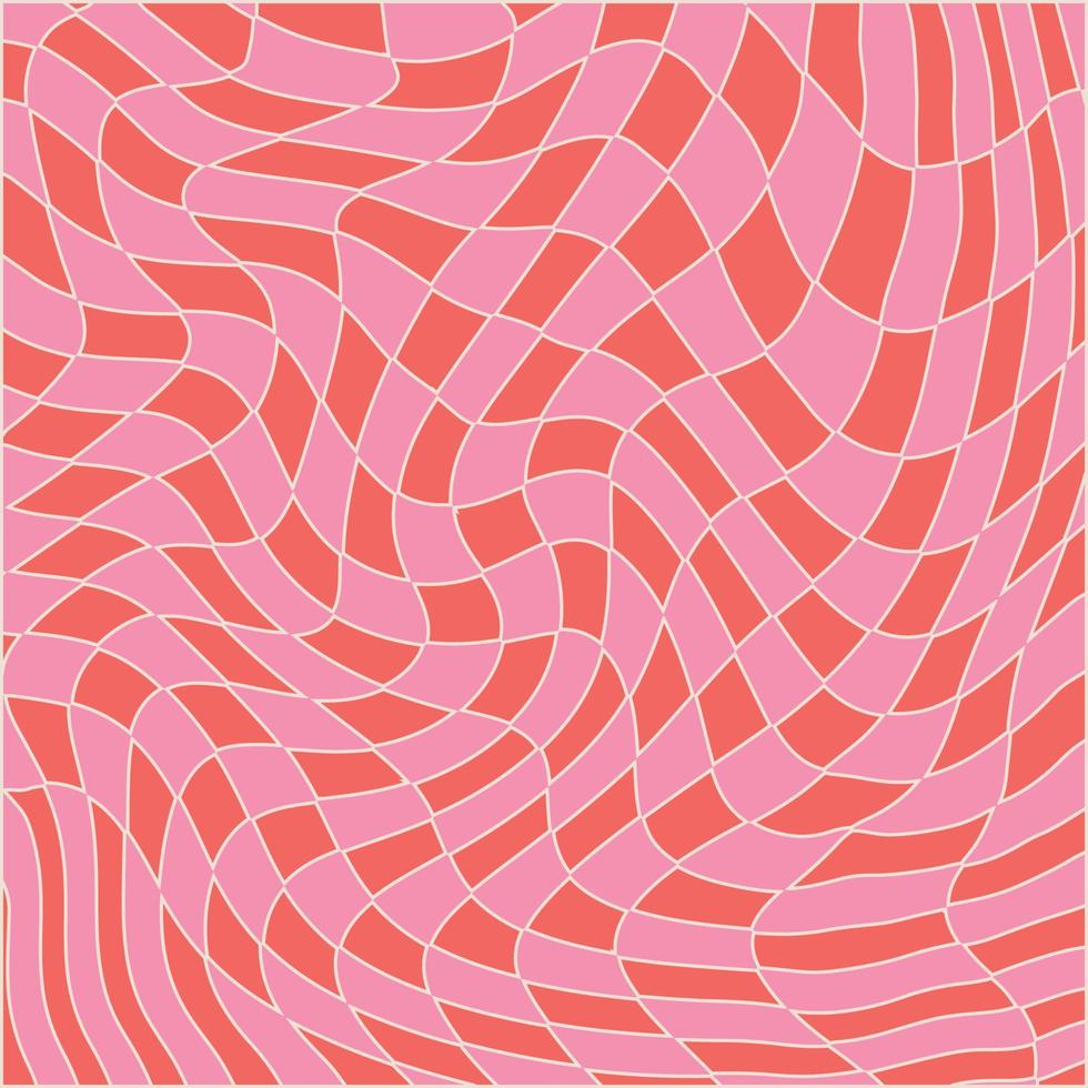 Wavy Swirl Groovy background on red and pink colors. Seventies Style, Hippie Pattern, Psychedelic distorted wave Wallpaper. Hand Drawn linear Vector Illustration