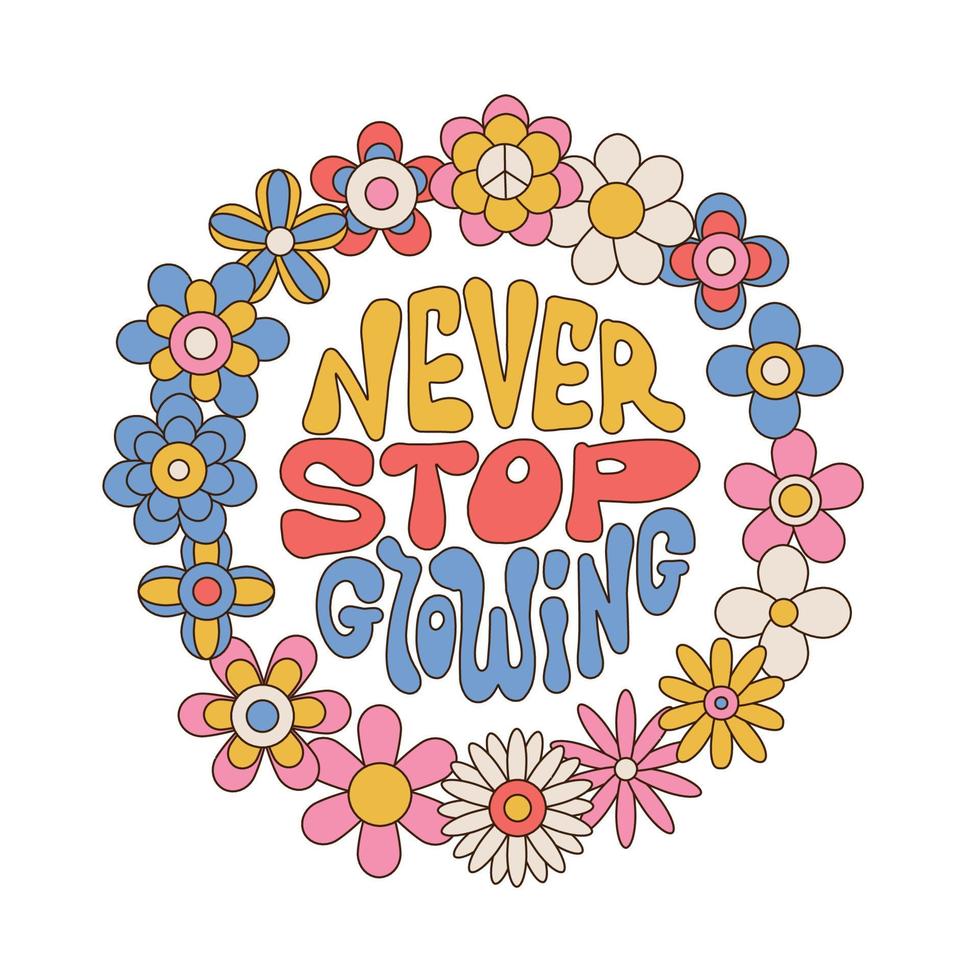 Never stop growing - lettering quote retro illustration with text and cute flowers in style 70s, 80s. Round shape Slogan design. Positive motivational quote. Vector linear illustration