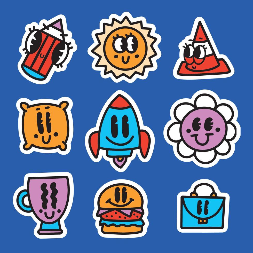 Trendy retro cartoon stickers set of different cute characters. Old school cartoonish look vintage animation. Hand drawn linear doodle vector illustration. 9725966 Vector Art at Vecteezy