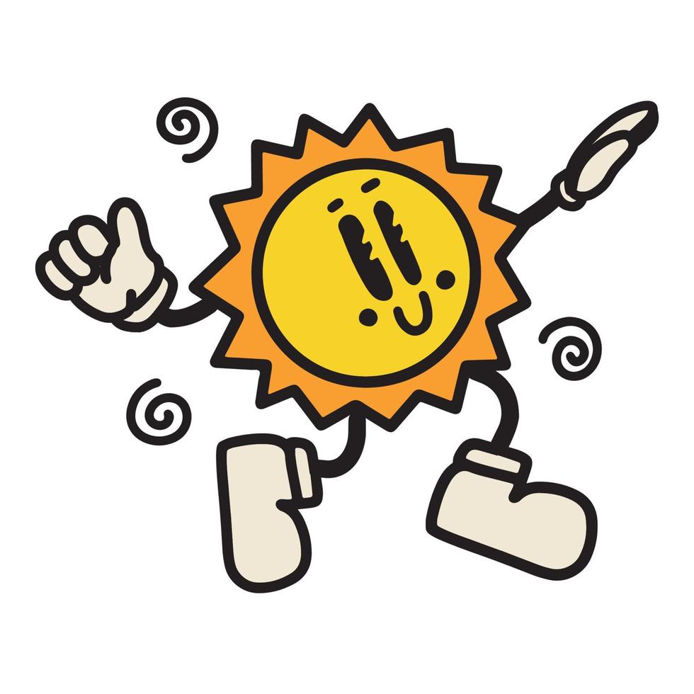 Nostalgic retro trendy cartoon character sun illustration in groovy old school style. Vector hand drawn design.