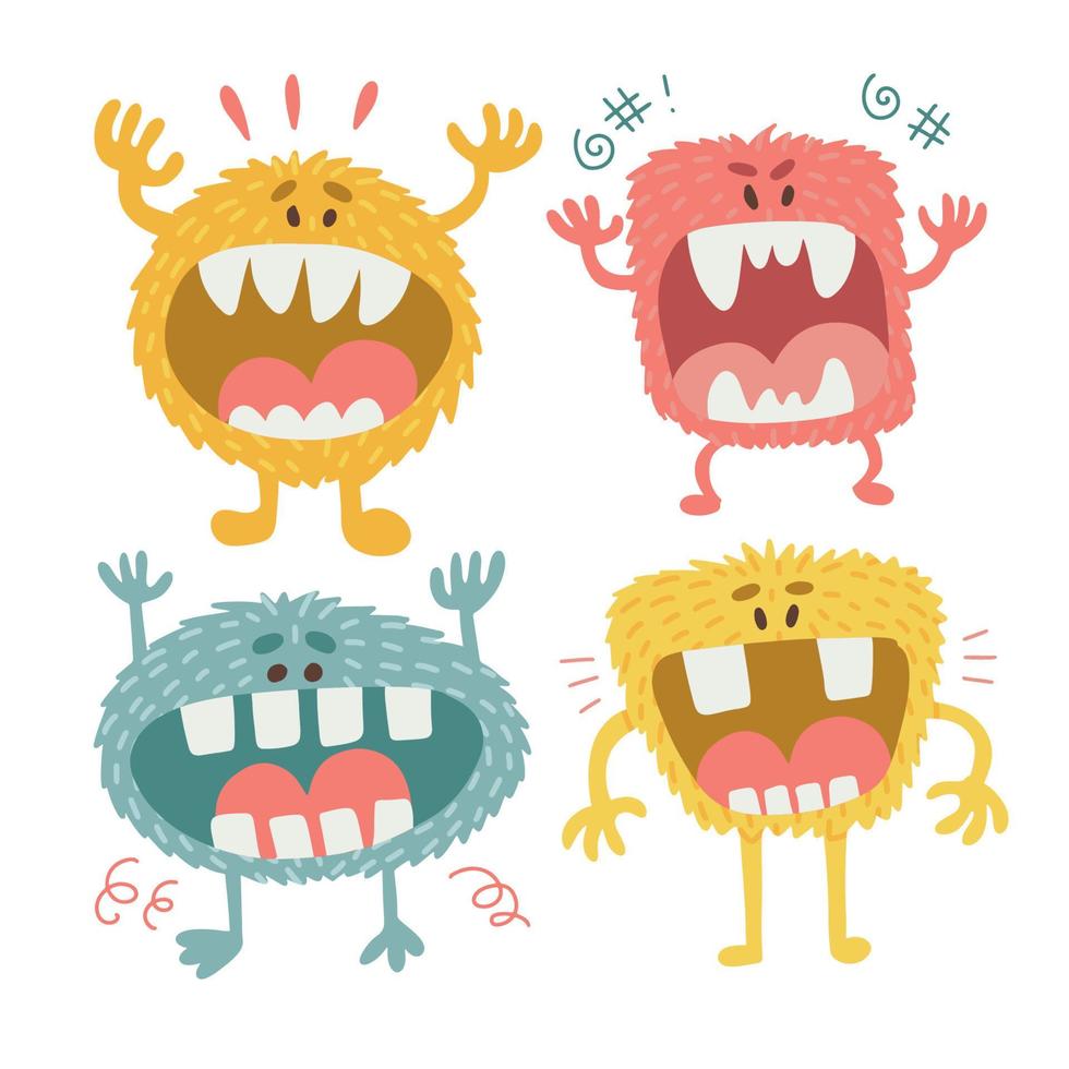 Set of cute childish fluffy monsters in flat handdrawn scandinavian style. Halloween characters with open mouth. Simple Vector illustration.