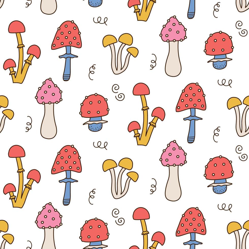 Retro 60s 70s Mushroom Hippie Groovy seamless pattern. Vintage contour Hippie Style, summer mushrooms, fly agaric, psychedelic background. Vector hand drawn texture of the seventies.