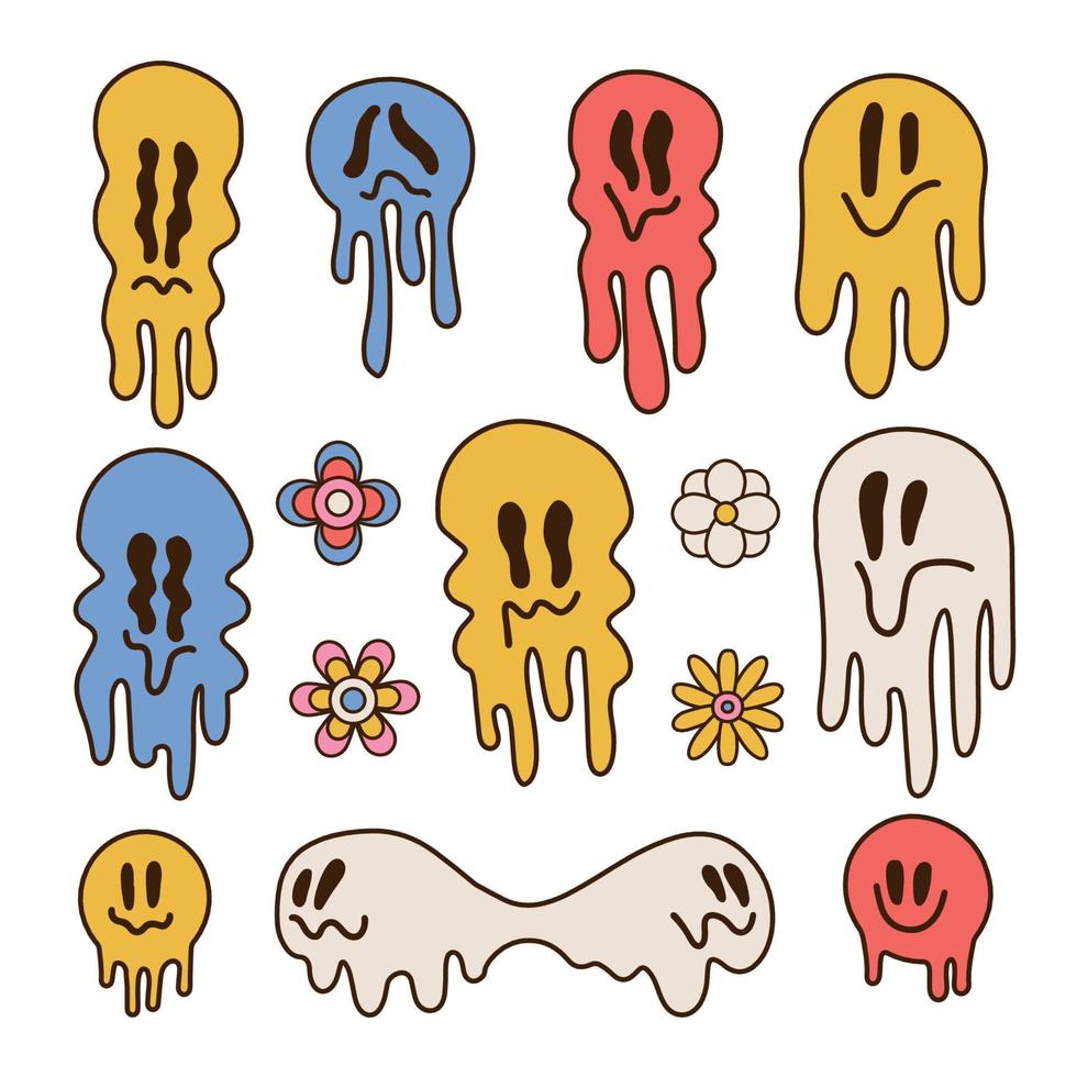 Melting psychedelic smiling faces set, colorful dripping groovy characters. Crazy smile emoji, facial expressions collection. Dripping smiling emoji faces. Vector illustration