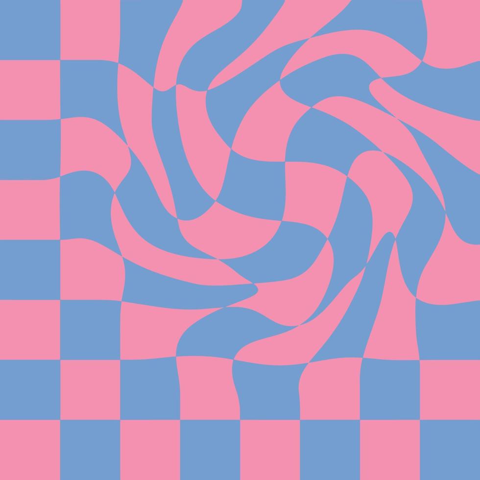 Simple swirl background with checks pattern. Trippy checkered print in 1970s style. Flat vector illustration for decor and design.