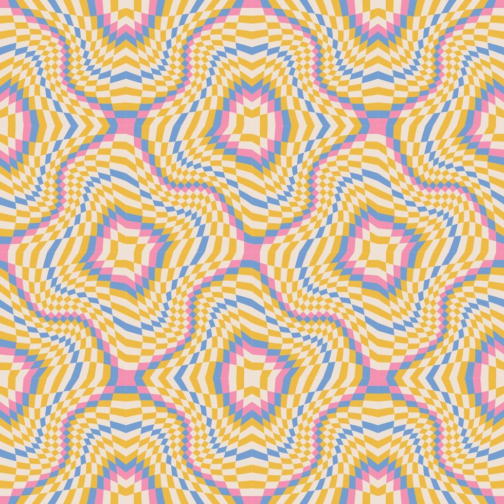 Colorful Groovy Wavy Melted Psychedelic Checkerboard Y2K 90s seamless pattern. Retro hippie trippy optical repeat texture wallpaper, textile design. Vector illustration.