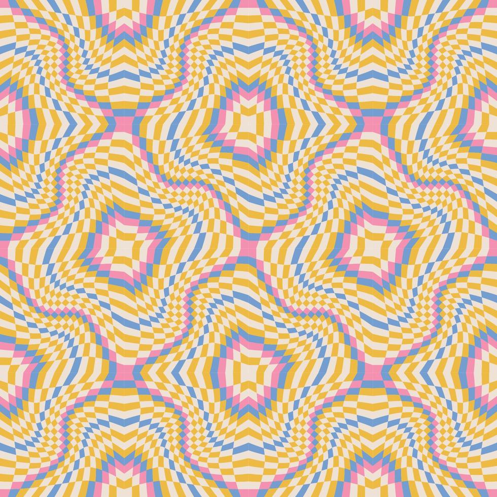 Colorful Groovy Wavy Melted Psychedelic Checkerboard Y2K 90s seamless pattern. Retro hippie trippy optical repeat texture wallpaper, textile design. Vector illustration.