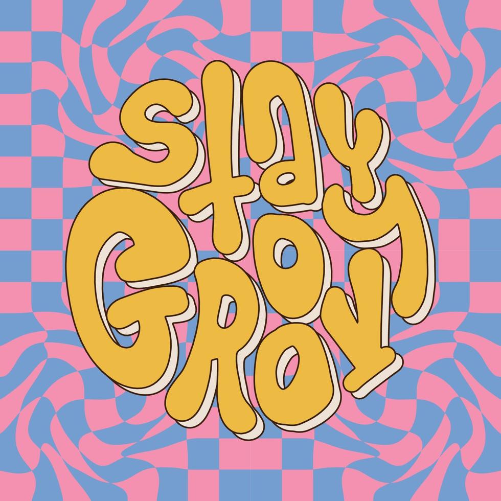 Stay groovy - 70s retro lettering slogan with hippie twirl background for tee t shirt or poster sticker. Round shape hand drawn inspirational quote. Vector contour illustration.