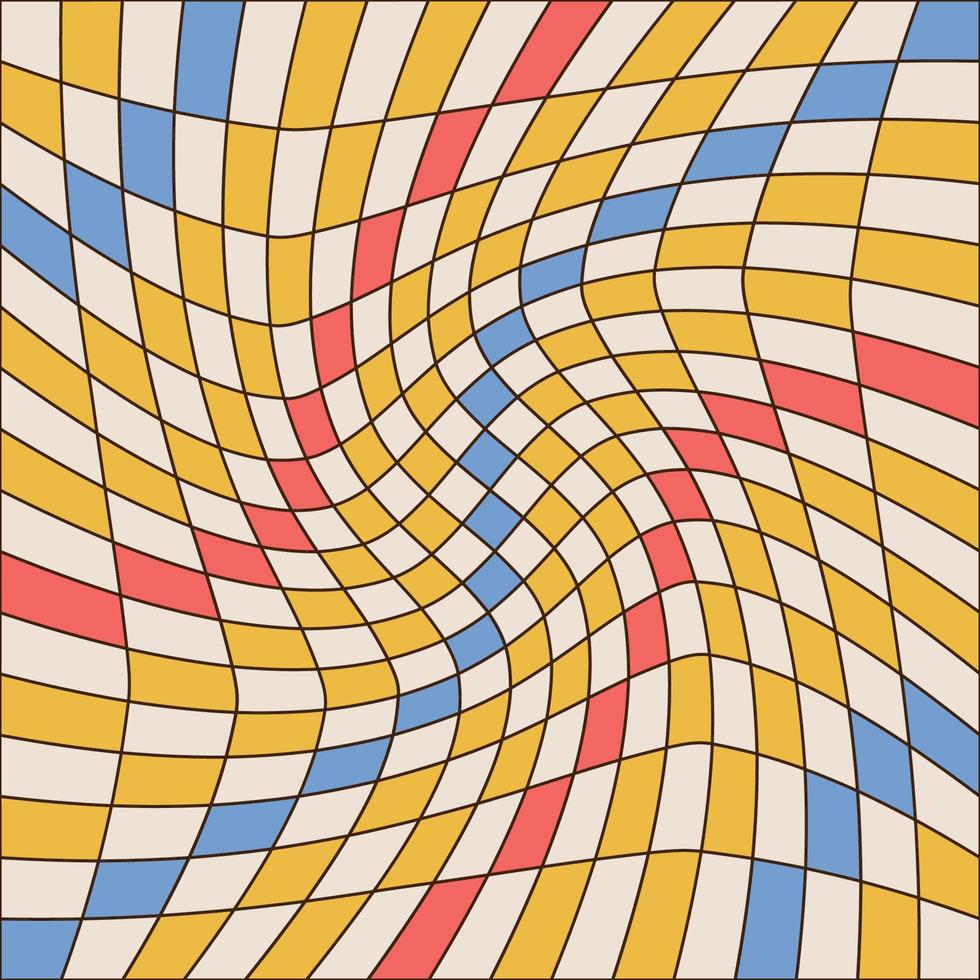Twisted checkered colorful background with linear contour. Abstract vector cell pattern in 70s groovy style. Retro wavy psychedelic checkerboard backdrop