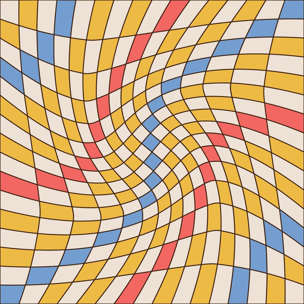 Twisted checkered colorful background with linear contour. Abstract vector cell pattern in 70s groovy style. Retro wavy psychedelic checkerboard backdrop