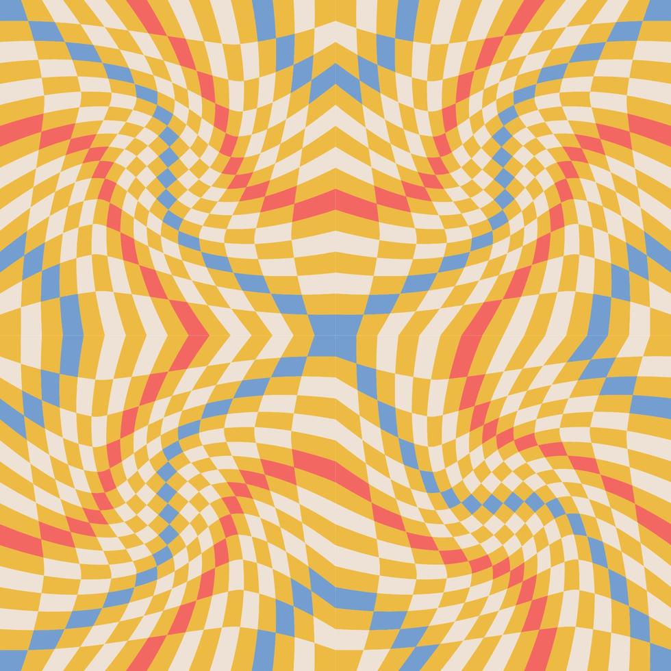 Retro Groovy Wavy Psychedelic Checkerboard seamless pattern. Check Y2K 90s Background for Stationary,Fashion Textile. Flat vector illustration.