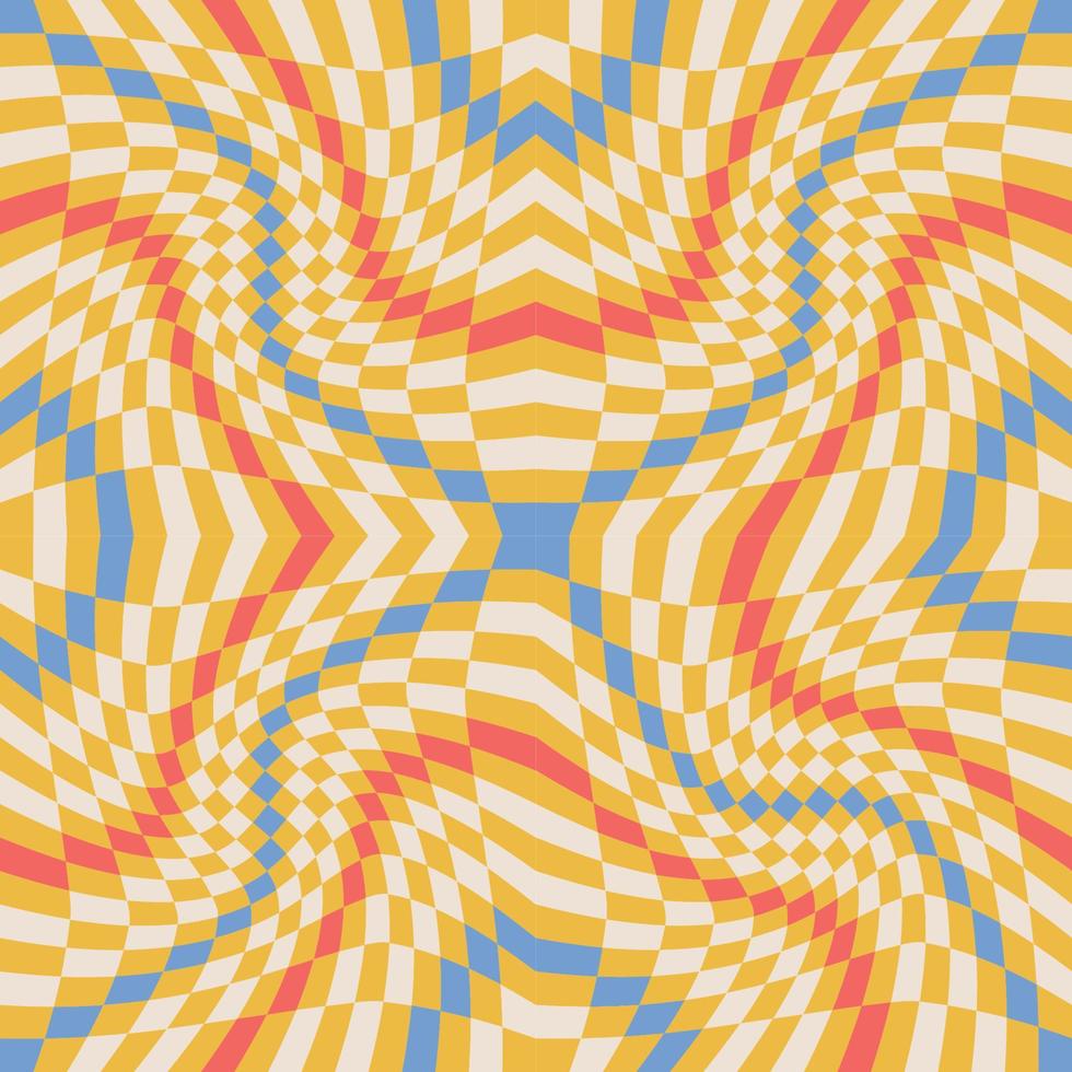 Retro Groovy Wavy Psychedelic Checkerboard seamless pattern. Check Y2K 90s Background for Stationary,Fashion Textile. Flat vector illustration.