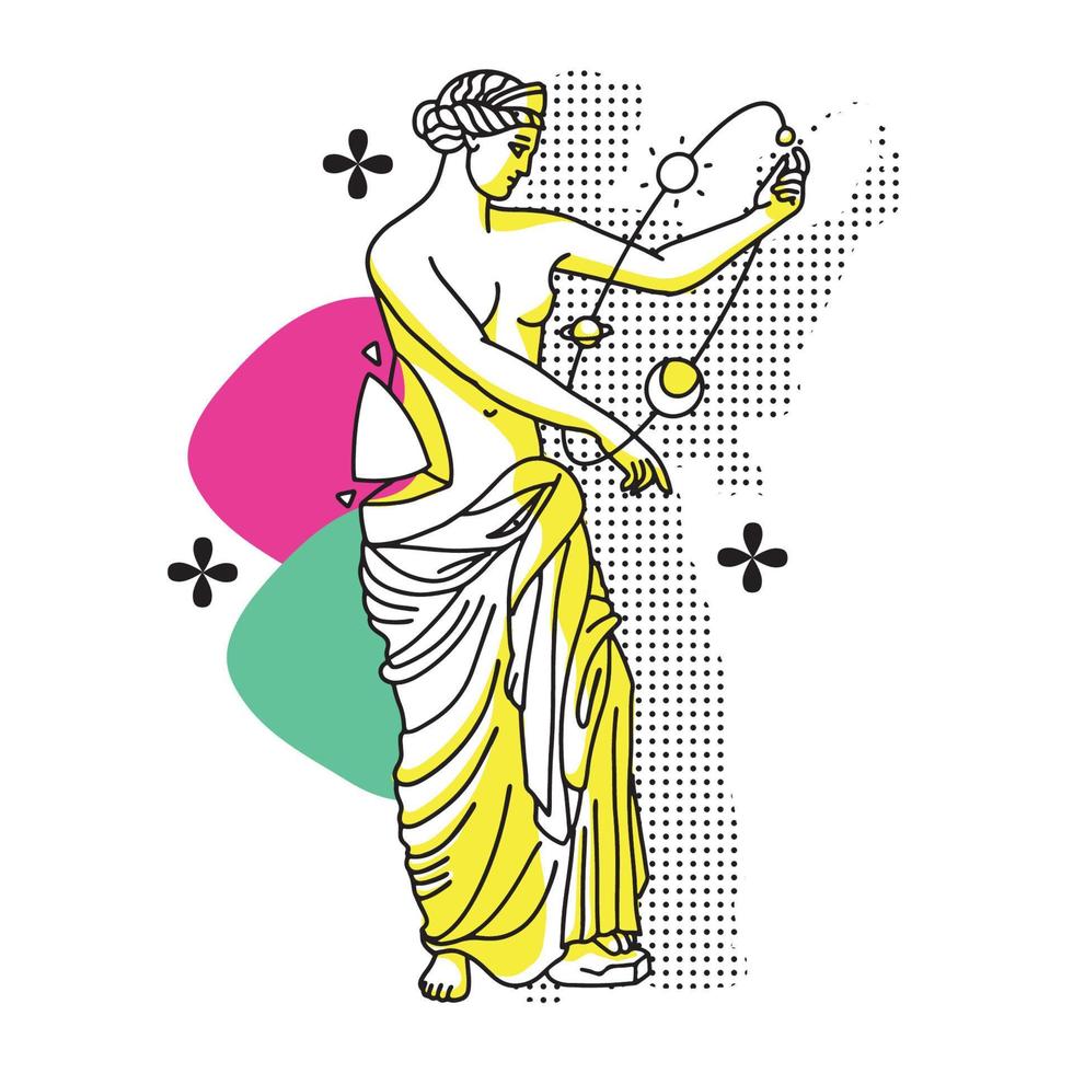 Abstract concept with Greek sculpture and abstract shapes in y2k collage style. Vector illustration in psychedelic weird style.