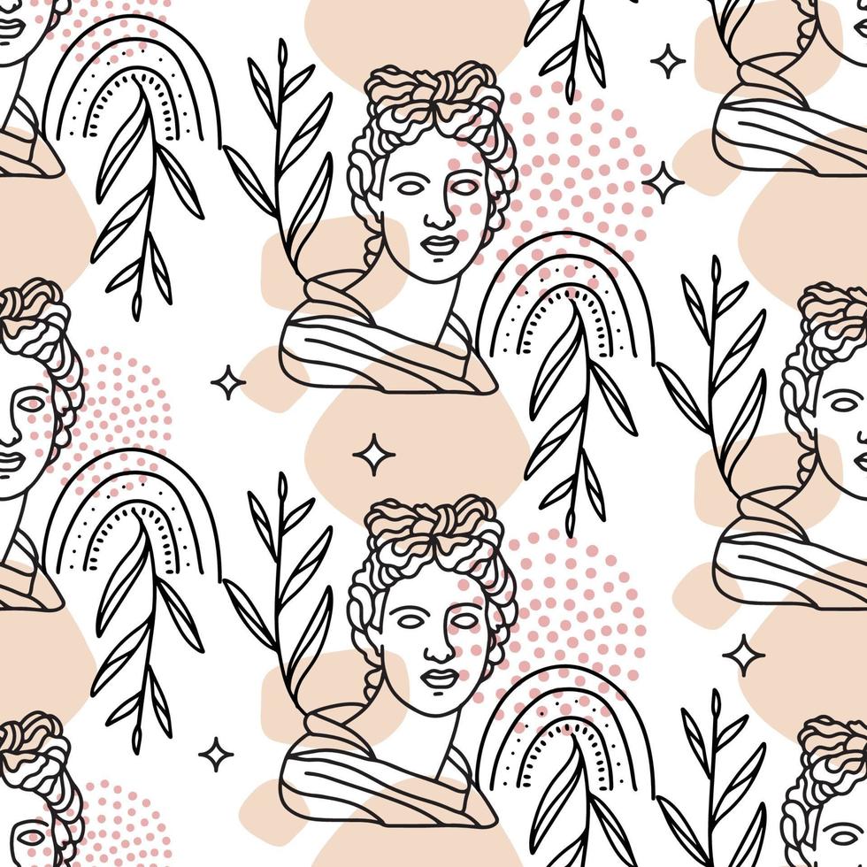 Antique Greek Bust Sculpture seamless pattern. Abstract shpes with floral elements. Hand drawn vector illustration for textile, background, wallpaper, poster template