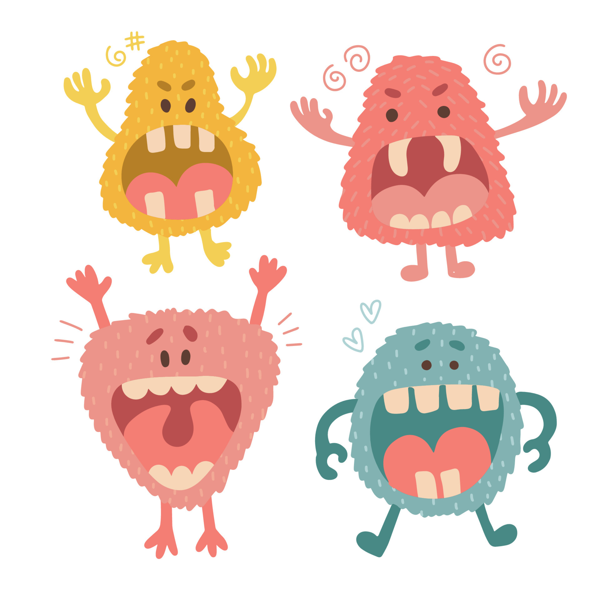 Set of funny screaming Monsters with big open mouths and big teeth. Cute beast childish characters. Flat hand drawn vector illustration. 9726018 Vector Art at Vecteezy Set of funny screaming Monsters with big open mouths and big teeth. Cute beast childish characters. Flat hand drawn vector illustration. 9726018 Vector Art at Vecteezy