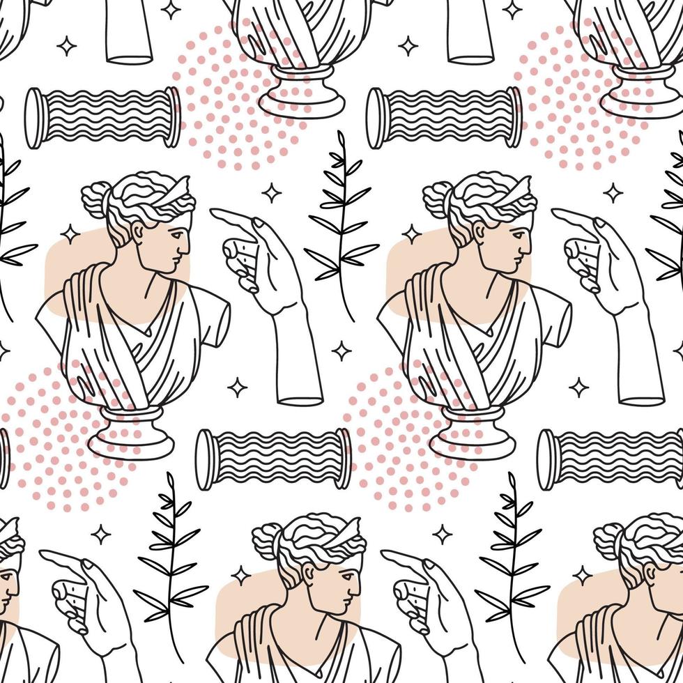 Greek ancient sculpture seamless pattern with abstract linear elements. Background with ancient statues, column and branch in trendy weird style. Outline hand drawn vector illustration.