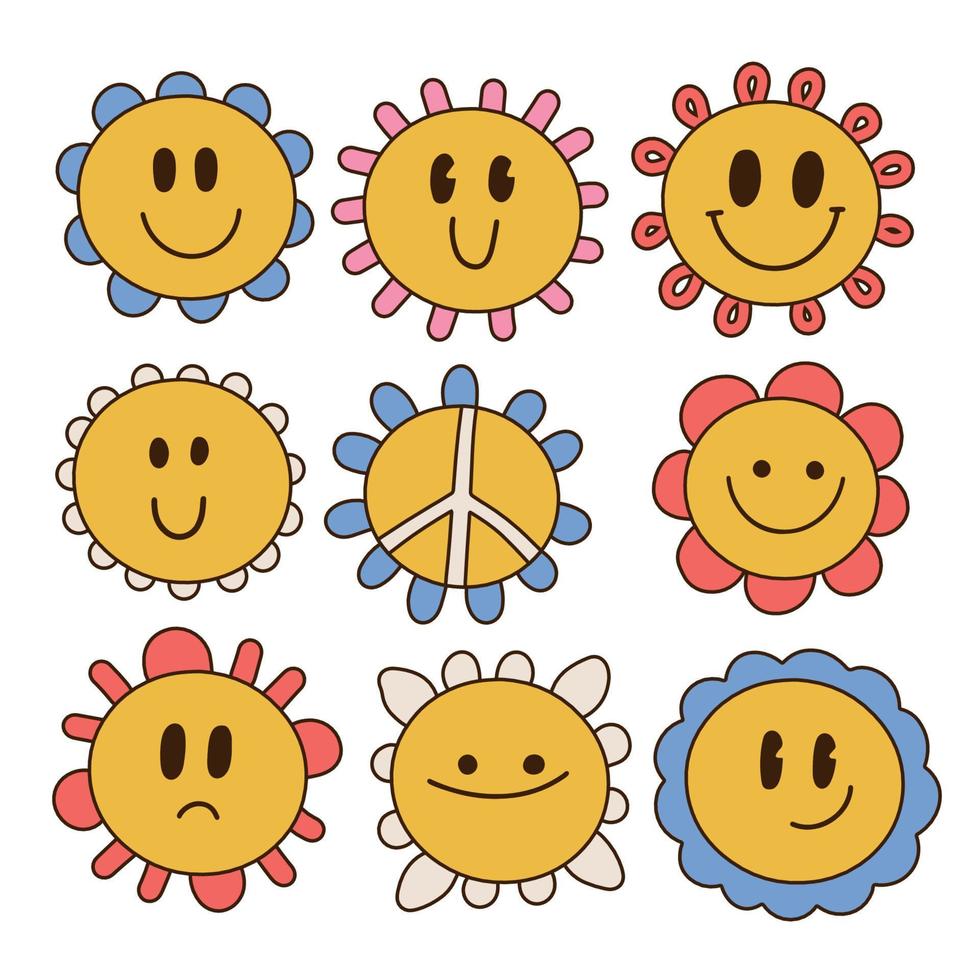 Set of 70s retro smiling character face peace flower. Hippie floral collection. Happy nature clipart. Children design isolated element. Hand drawn vector naive art illustration.