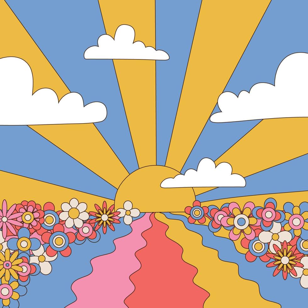 Afiche cuadrado de buenas vibraciones de los años 70. vibrante paisaje psicodélico retro con campos, flores de margarita y sol. banner hippie flower power en 1960 estilo vintage dibujado a mano. ilustración vectorial vector